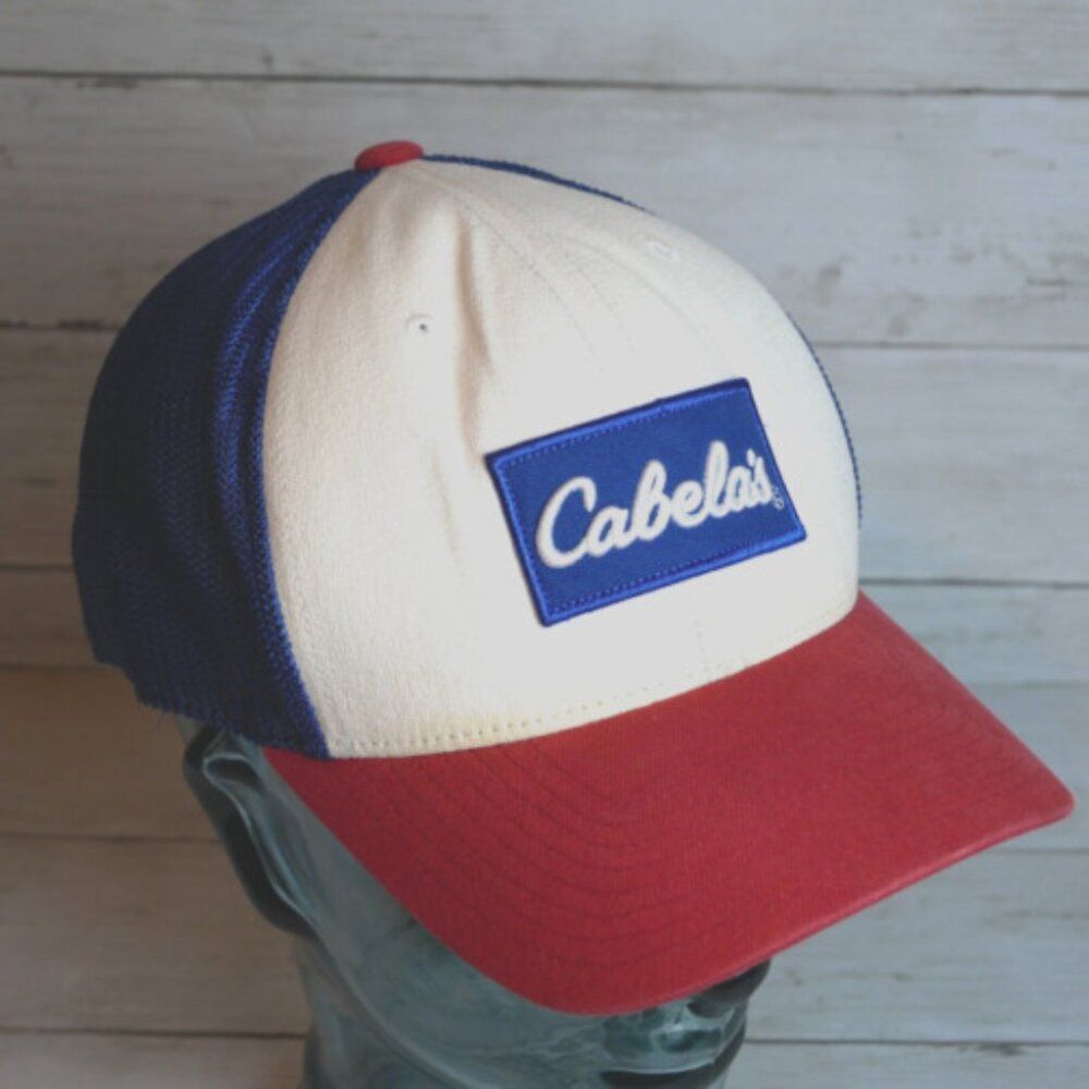 110 Cabelas Trucker Adult Size Mesh Hat Snapback Cap Red White Blue Tri-Color
